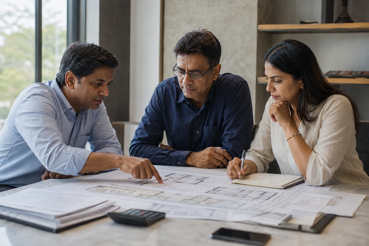 Professionals reviewing property plans together