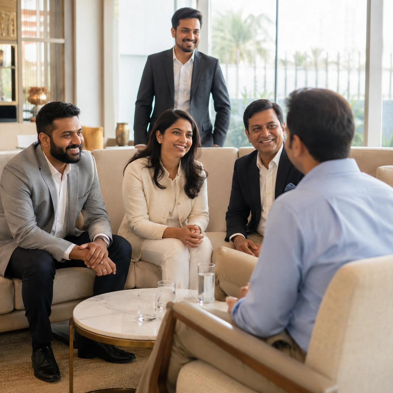 Members welcoming a new acquaintance during a relaxed conversation